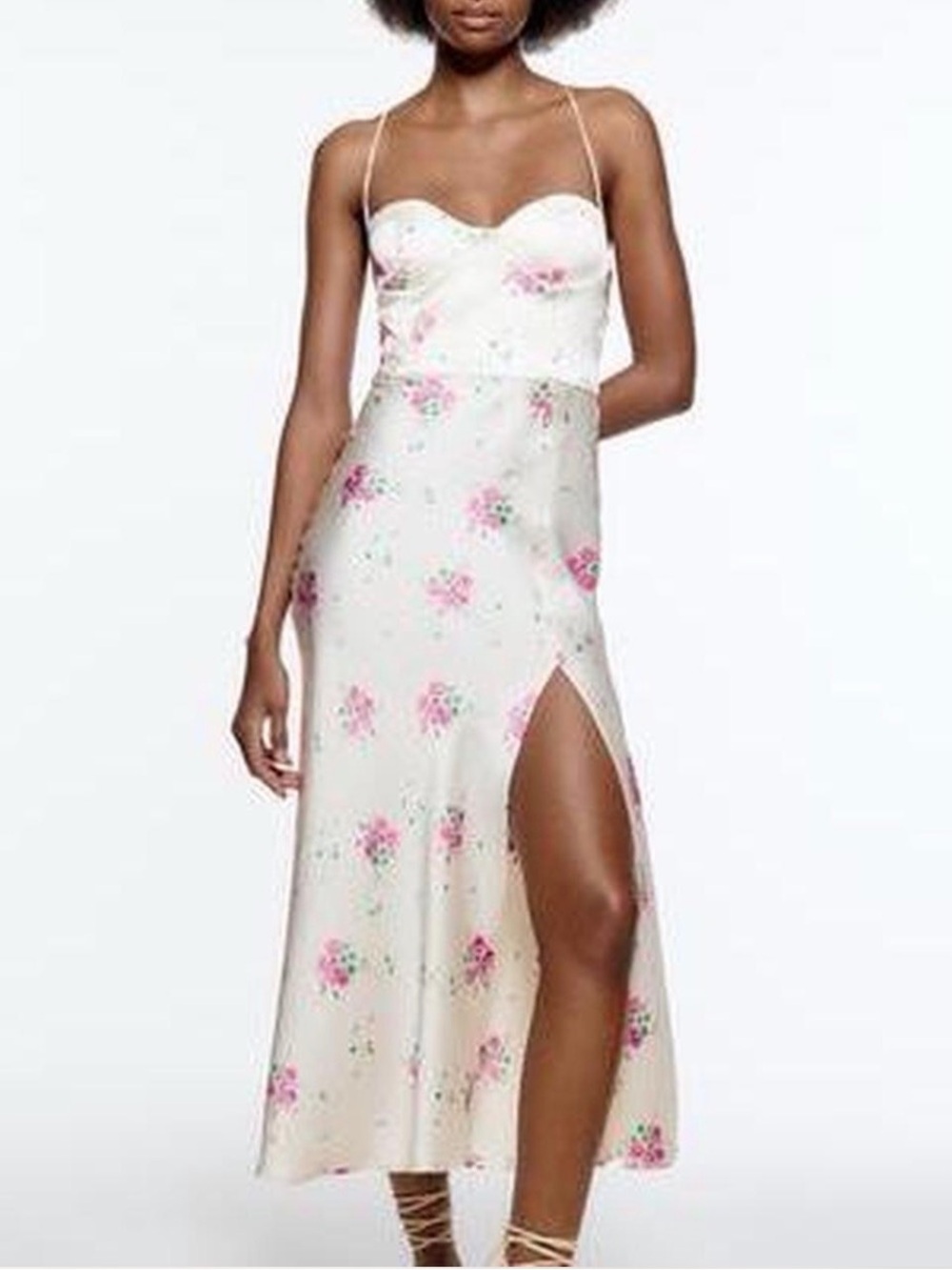 White Zara floral maxi dress with slit, Size L